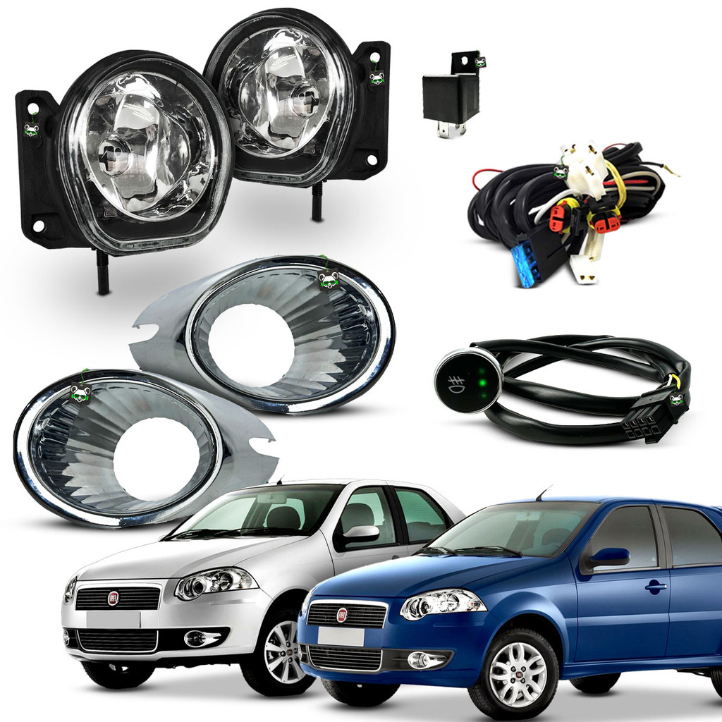 Kit Farol Auxiliar Milha Palio/Siena Elx 2008 2009 2010 2011 Moldura Cromada Botao Touch - Automobiles