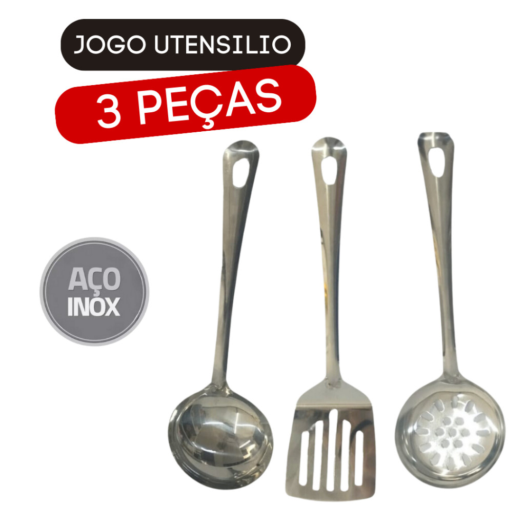 Jogo Utensilios 3 peças Aço Inox para Cozinha Escumadeira Arroz Espatula Concha Feijão Cozinha Comida