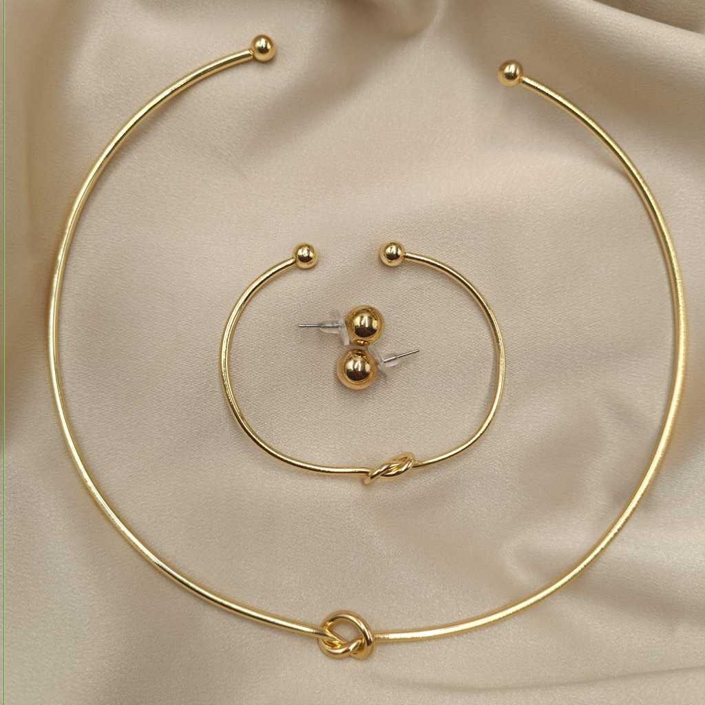 Kit Choker Pulseira e Brinco Aro Nó Folheado a Ouro 18k e Prata 925