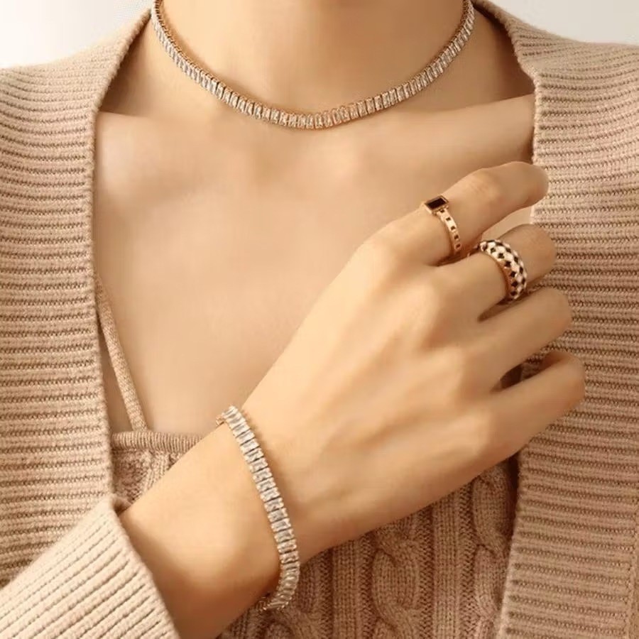 Conjunto Riviera Colar e Pulseira Feminina Zircônia Folheado a Ouro 18K e Prata Acessórios Femininos Choker