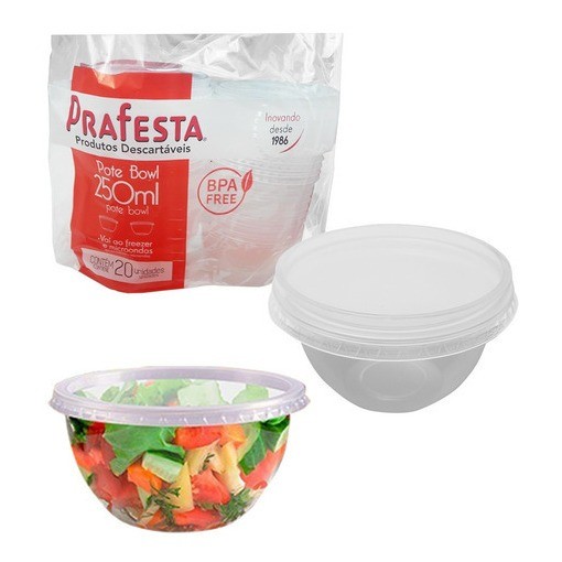 20un Pote Descartável Bowl Com Tampa 250ml Saladas Caldos