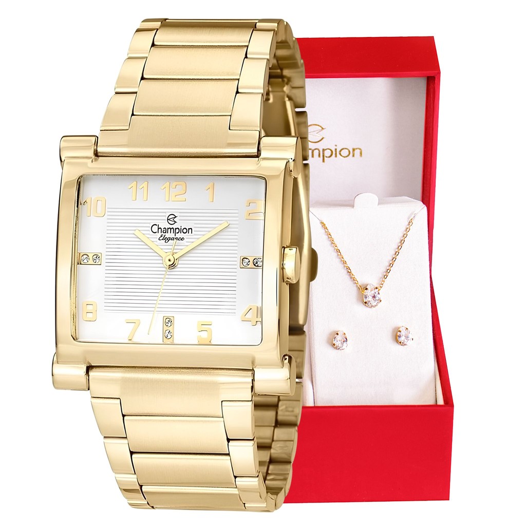 Imagem Relógio Champion Feminino Quadrado Dourado + Colar e Brincos Esposa Namorada Mãe Barato CN25369W