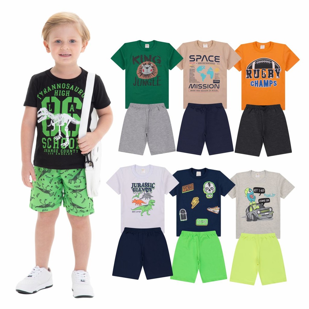 Kit Conjunto Peças Roupa Bebê Infantil Menino Camisetas + Bermudas - Kit Conjuntos Sortidos Moda Infantil Verão Bebê