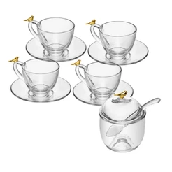 Kit 4 Xícaras de Chá 180ml com Pires e Açucareiro Golden Bird Cristal - Wolff