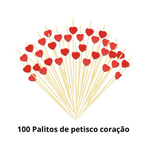 Kit 100 Palitos de Bambu Para Petisco Decorado Coração 12cm