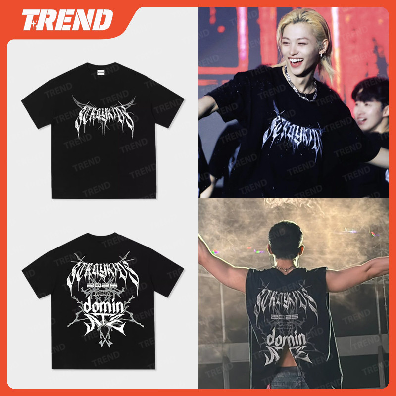 KPOP 2025 Stray Kids " dominATE " World Tour Merch Camiseta De Algodão Plus Size Moda Coreana Solta Estampada Manga Curt