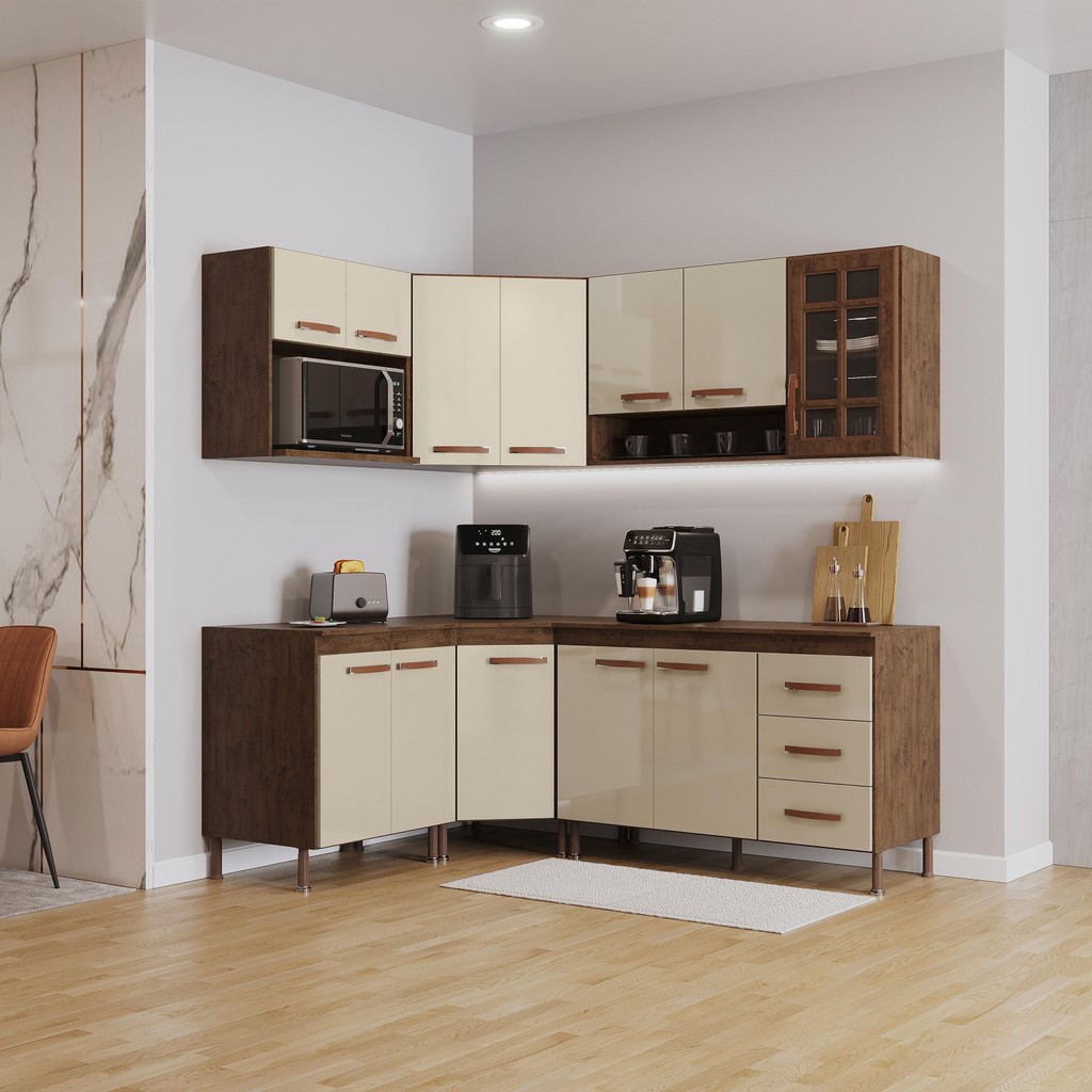 Cozinha Modulada Completa Fidelitá Lisboa 6 Peças 340cm 12 Portas 3 Gavetas Com Tampo Noce/Off-White - Home & Living