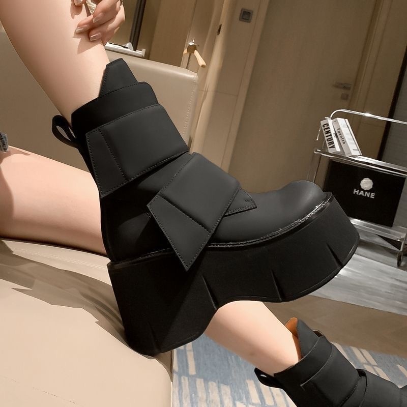 10cm 2025 novas botas curtas europeias plataforma feminina de sola grossa aumentando Velcro cunha salto pequeno Martin b