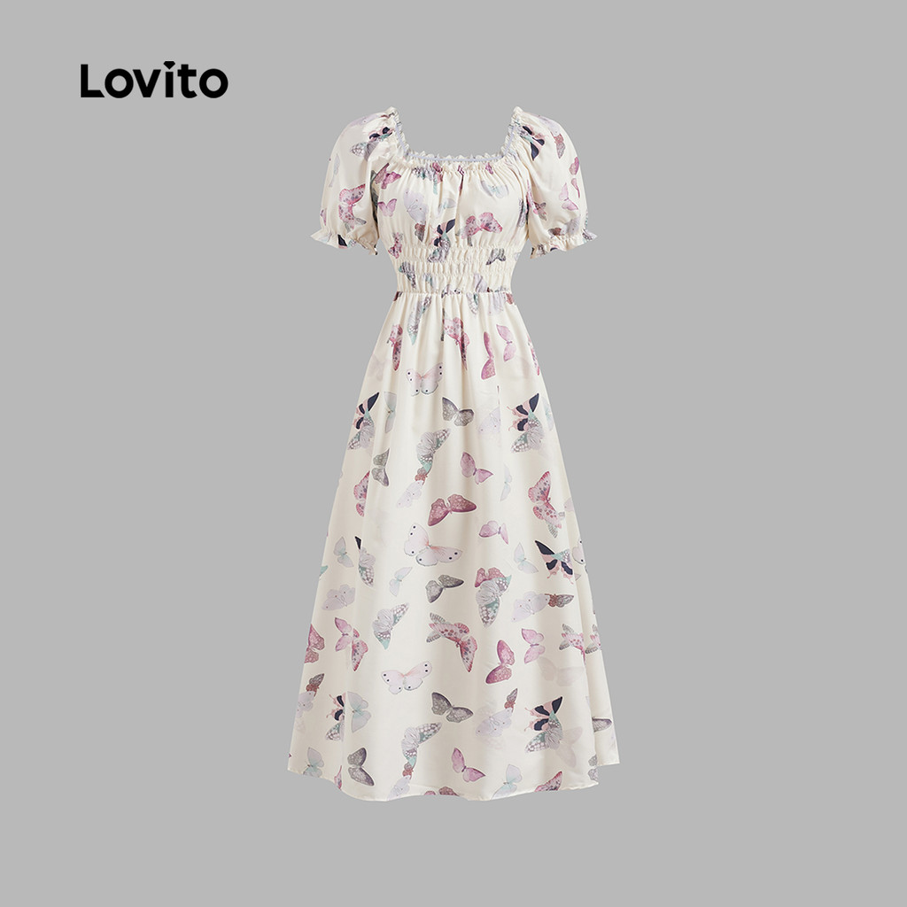 Detalhes do Lovito Vestido elegante com babados e gravata frontal para mulheres LBL23078