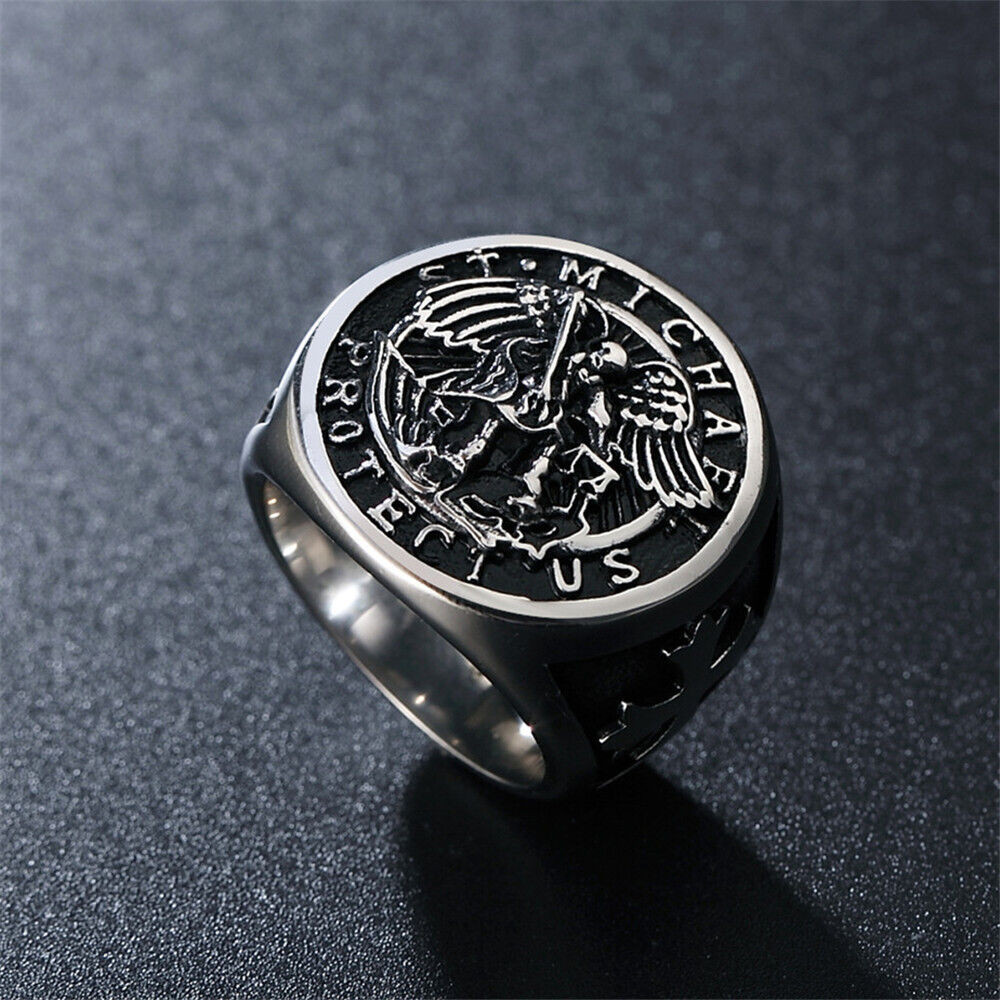 Anel São Miguel Arcanjo Prata Dedeira Masculina Religiosa Motoqueiro Rústico Aço Inoxidável 316L