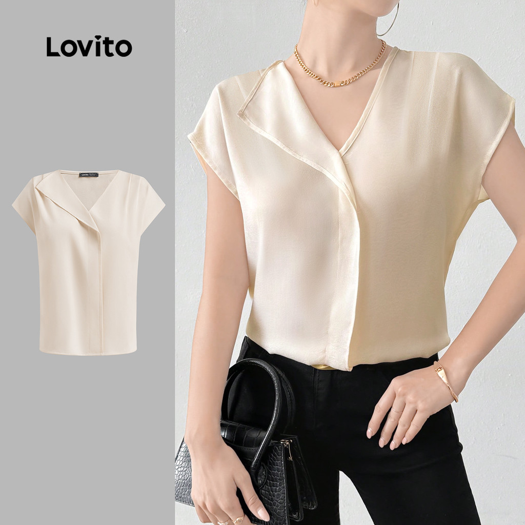 Lovito Blusa assimétrica plissada lisa elegante para mulheres L128ED564 - Women Clothes