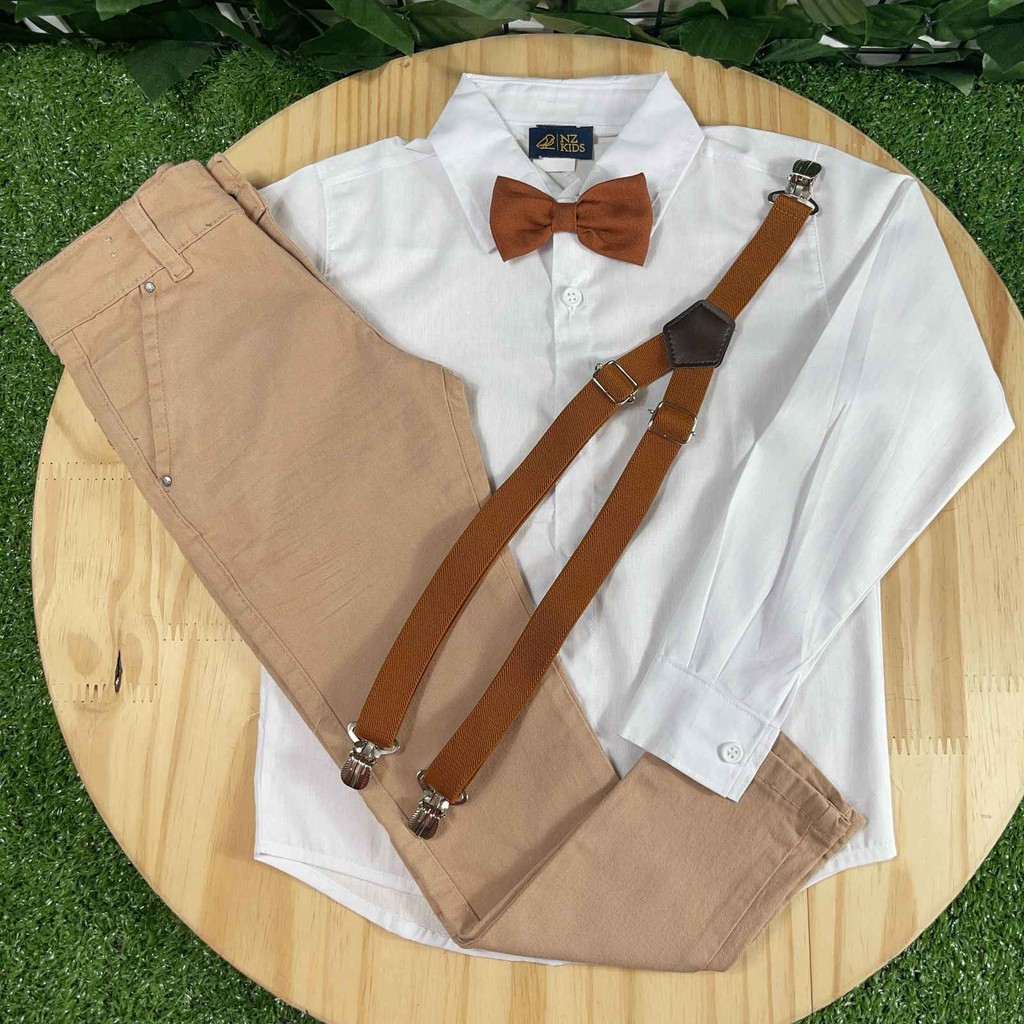 Conjunto Roupa Social Calça Caqui  Camisa Branca Gravata Suspensório Infantil Festa Casamento Pajem Batizado Formatura
