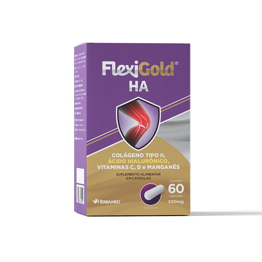 Flexigold HA - Colágeno tipo II, Ácido hialurônico, Vitaminas C, D e Manganês - Herbamed - Com 60 cápsulas