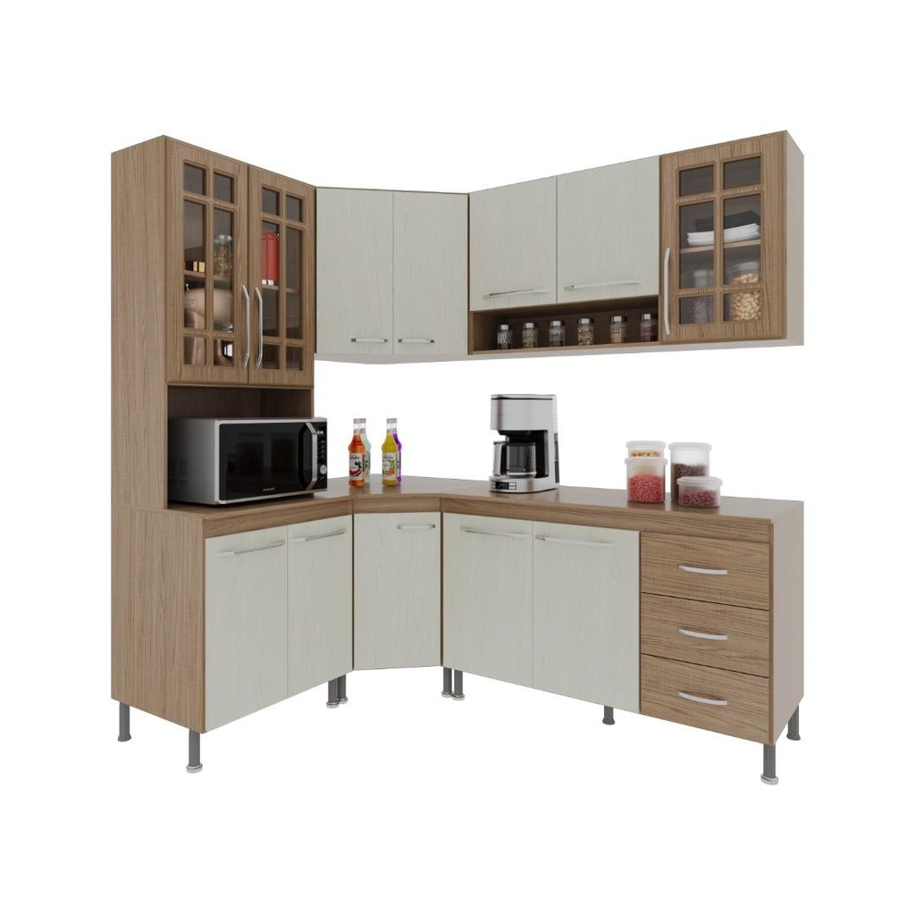 Detalhes do Cozinha Modulada Completa Fidelitá Paris 5 Peças 340cm 12 Portas 3 Gavetas Com Tampo Nogal/Salinas