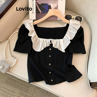 Lovito Blusa casual lisa com botões colorblock para mulheres LNE71618 em Oferta na Shopee