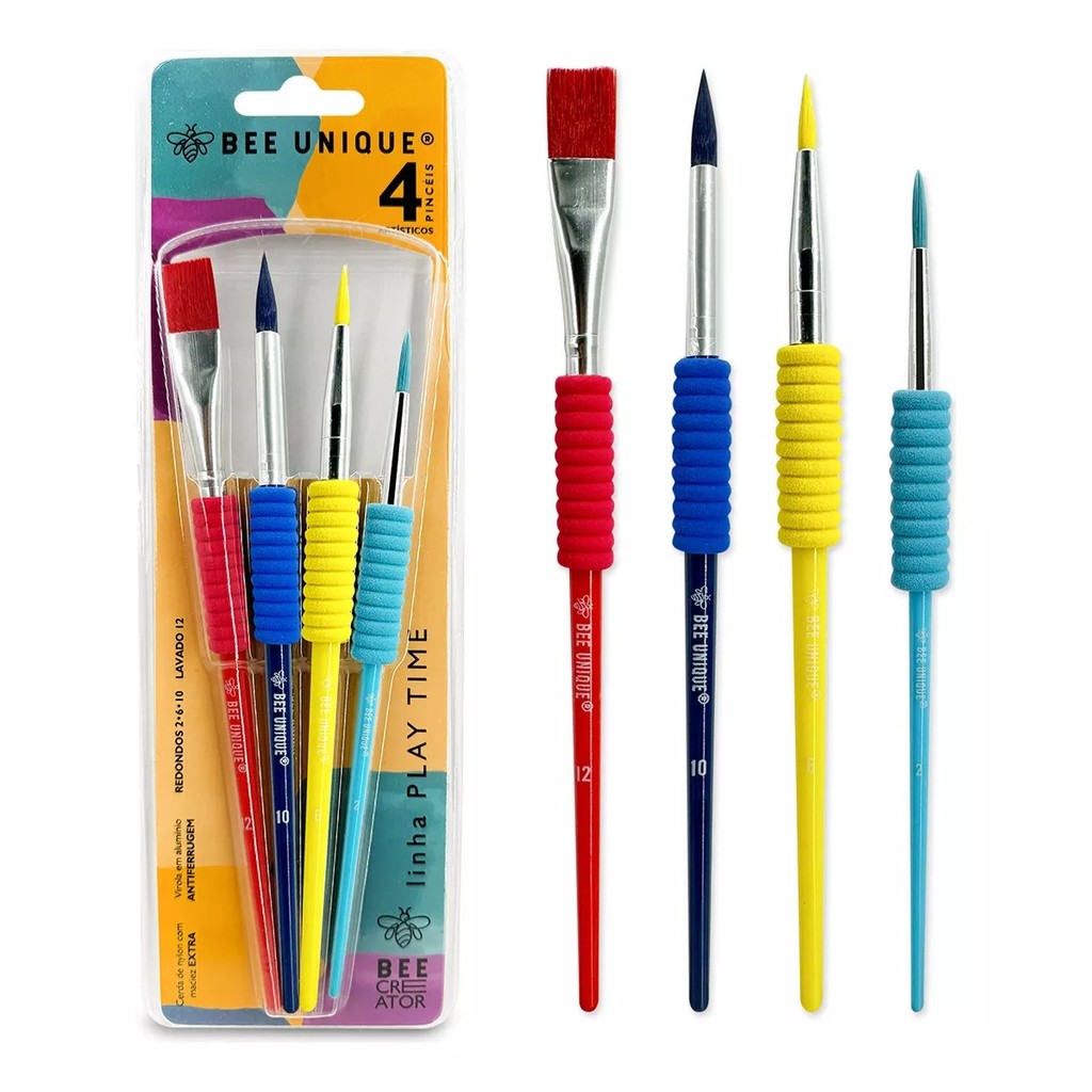 Kit 4 Pincéis Linha Play Time Bee Unique Yj-190040 Coloridos