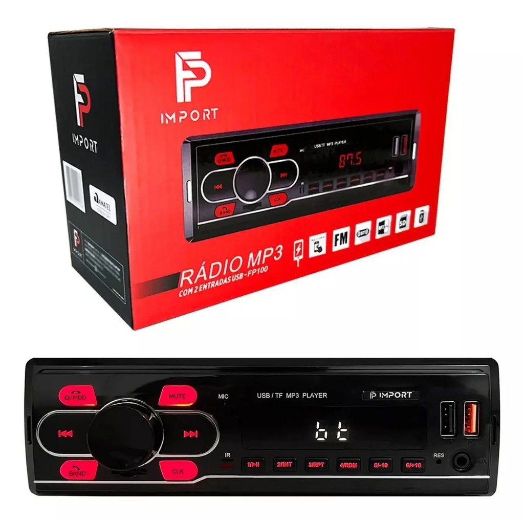 RÁDIO FP 100 PLAYER AUTOMOTIVO MP3 USB BLUETOOTH