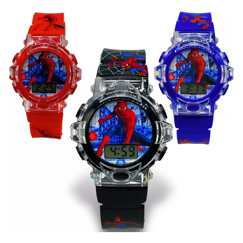 Relógio Digital Infantil Homem-Aranha LED Pulseira Silicone Ajustável Brilha No Escuro Toca Música Presente Criança