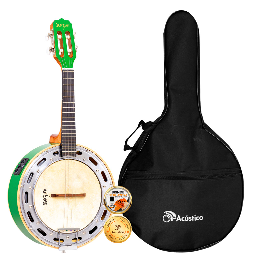 Kit Banjo Rozini RJ11 Ativo Stúdio Caixa Larga Verde Com Capa