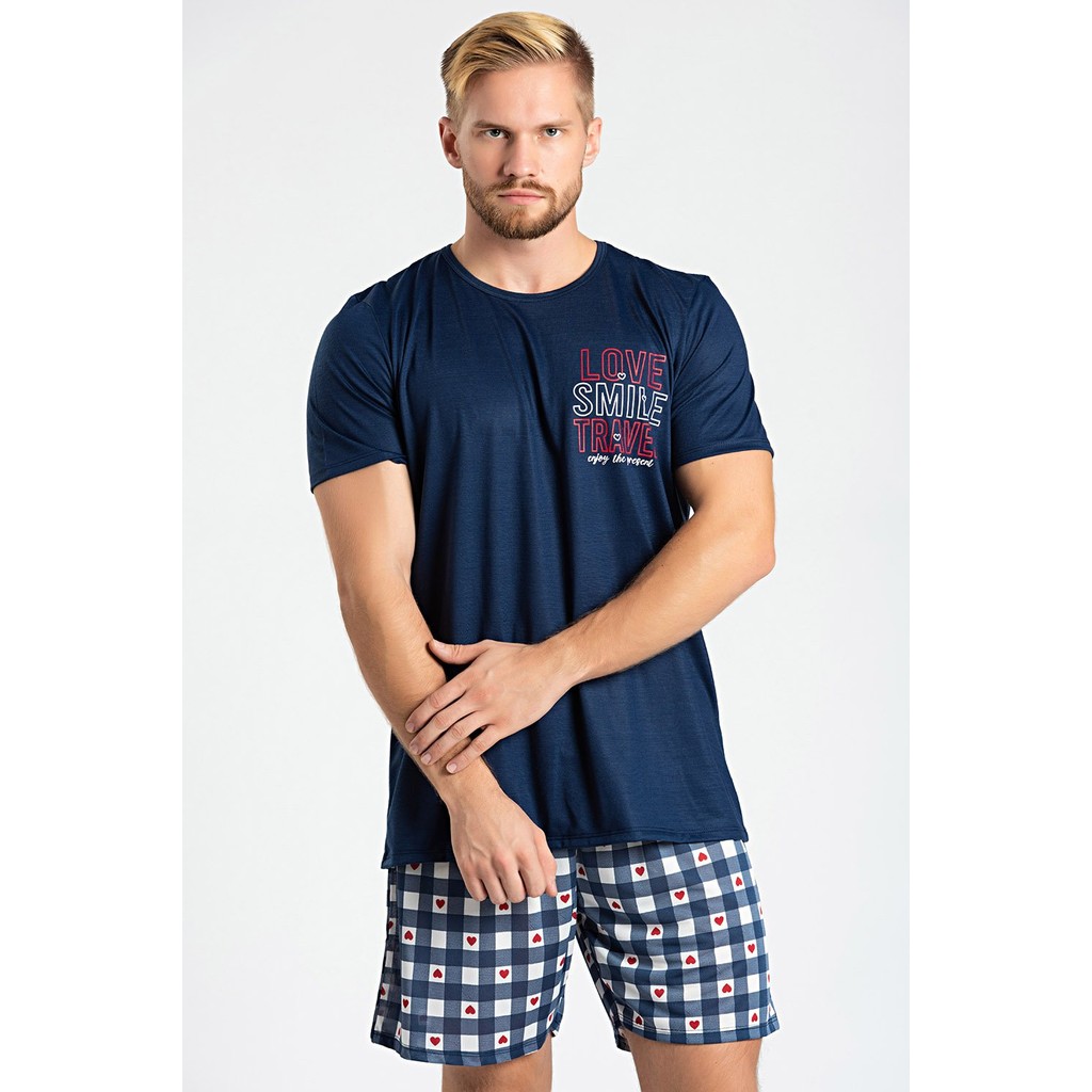 Pijama Maculino Verão Manga curta Shorts Love Smile Travel Especial Dia dos Namorados