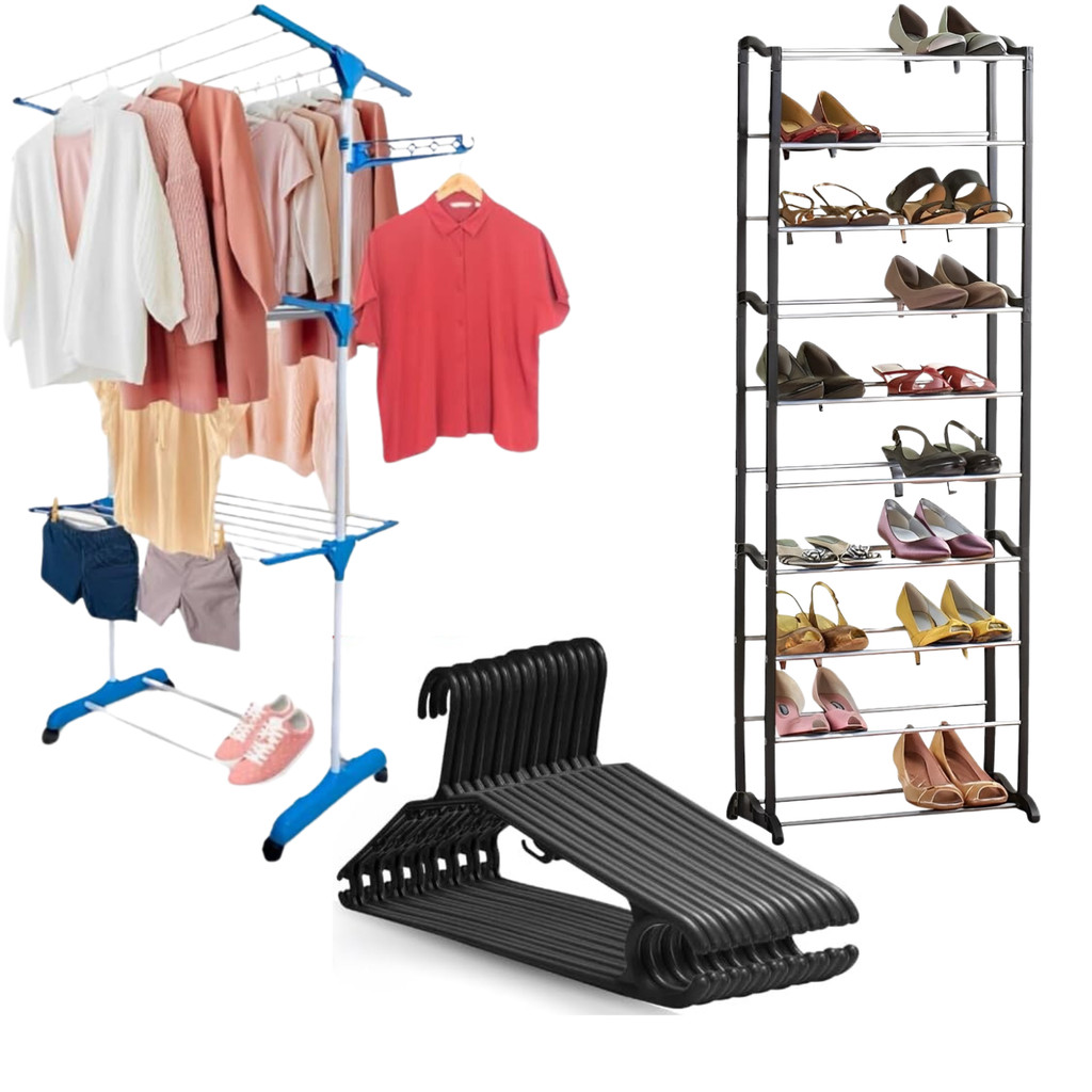 Kit Varal Dobrável 3 Andares c/ 5 ou 10 cabides + Sapateira 30 pares 10 prateleiras empilhável Casa