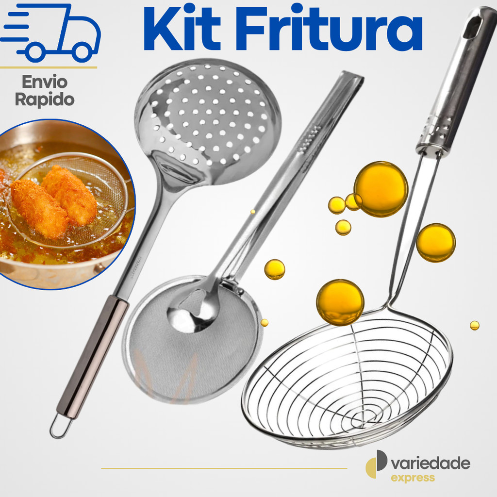 Kit 3 Escumadeira + Escumadeira Fritura + Escumadeira Fritura com Pinça Inox para Buffet Restaurantes Bares Padaria