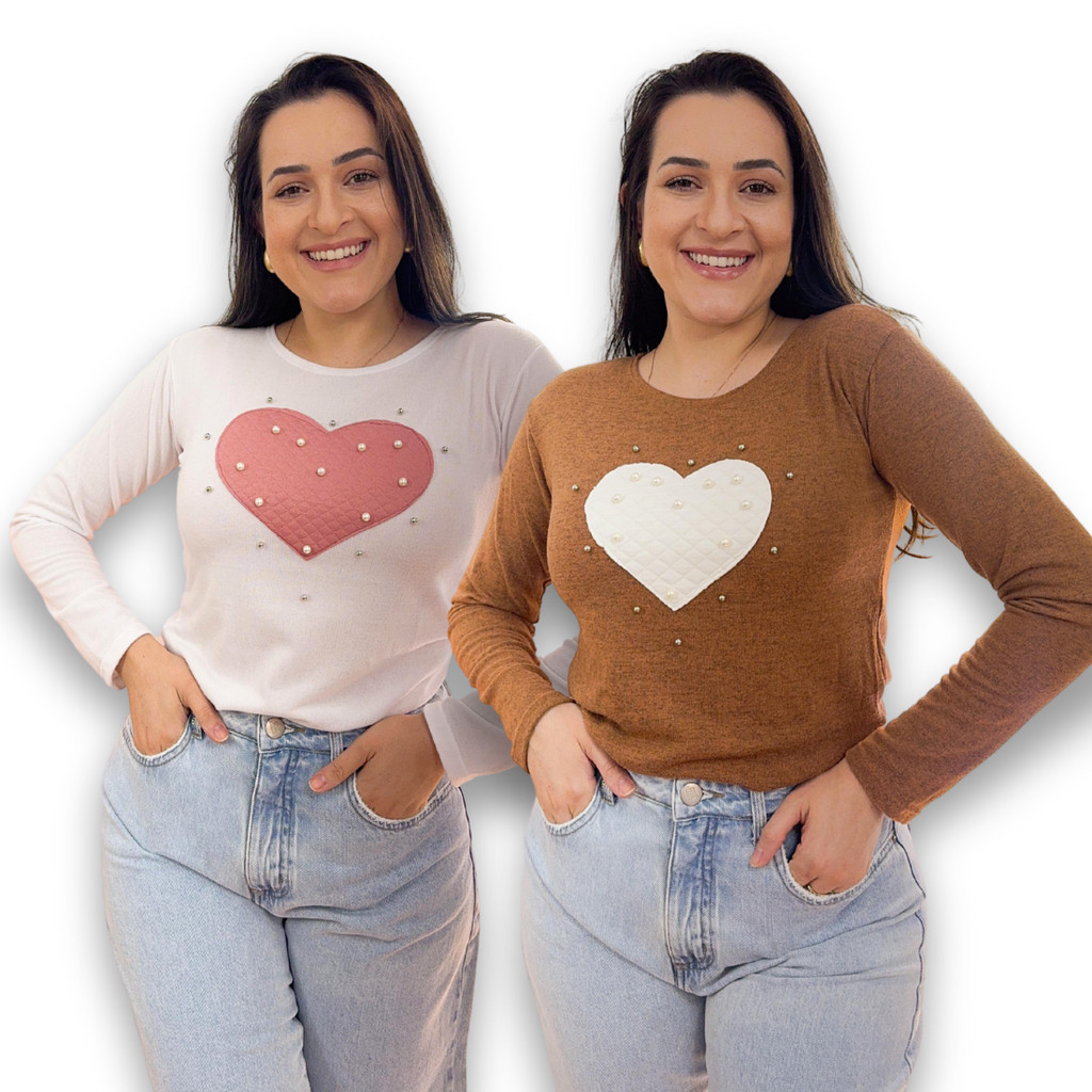 Kit 2 Blusa Feminina de Lanzinha com Manga Longa e Coração Bordado com Pérolas Tecido Maci...