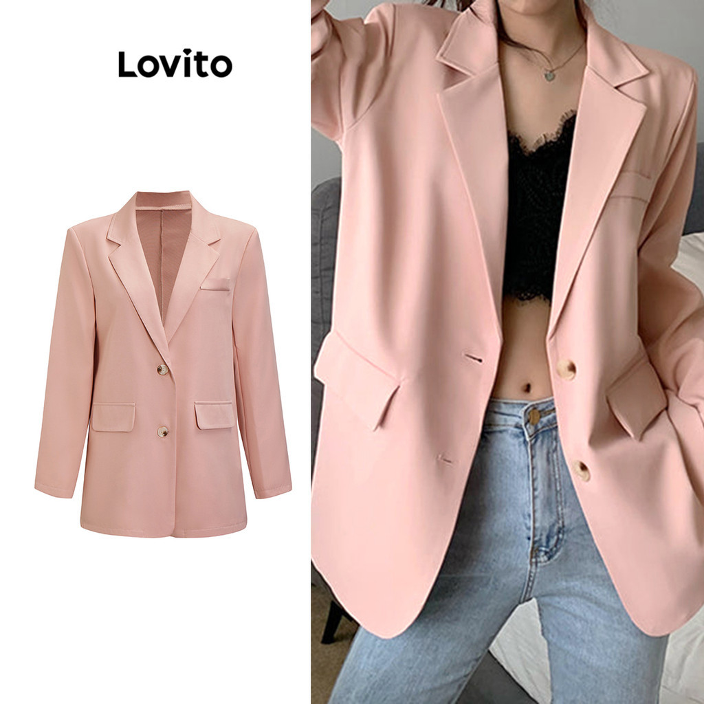 Lovito Blazer Casual Liso Com Ombreiras Grandes Para Mulheres L71ED079 (Preto/Verde/Branco...