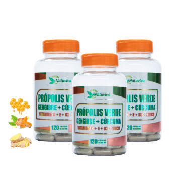 Própolis Verde Gengibre + Cúrcuma Vitamina C + E + D3 + Zinco 120 Cápsulas Kits Com 1 2 e 3 Unidades NATUVIVA