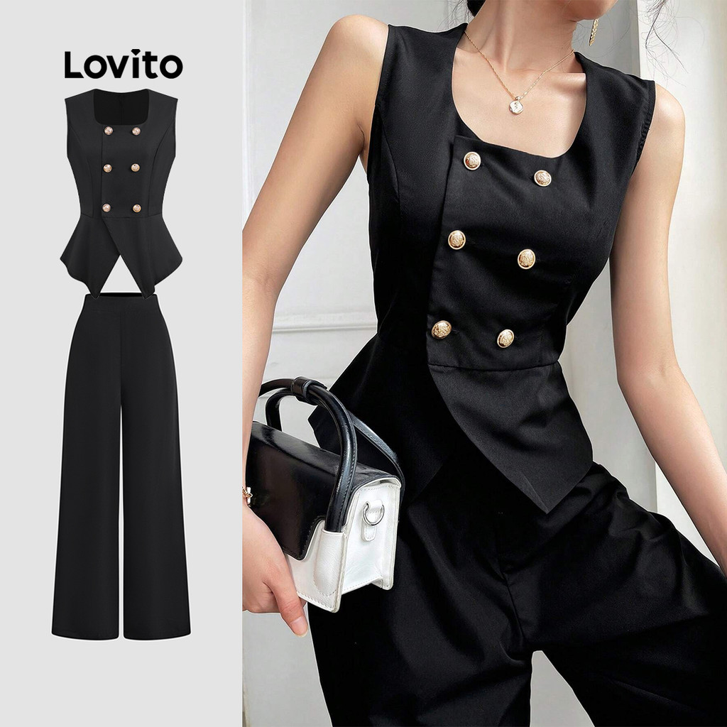 Lovito Tops ou calças elegantes de Metal liso com botões duplos para mulheres LBL23205 - Women Clothes