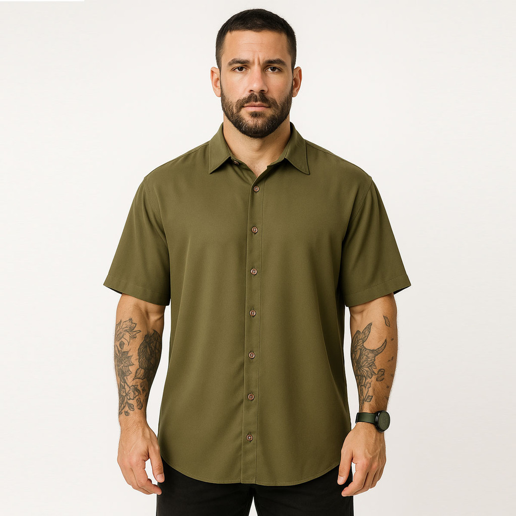 Camisa Social Masculina Manga Curta De Botão Verde Oliva Militar Viscose
