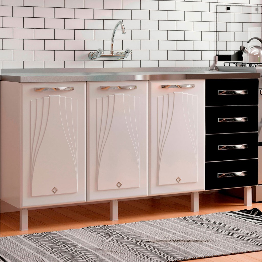 Balcão de Cozinha para Pia em Aço Star New 3 Portas 4 Gavetas Branco/Preto - Telasul em Oferta na Shopee