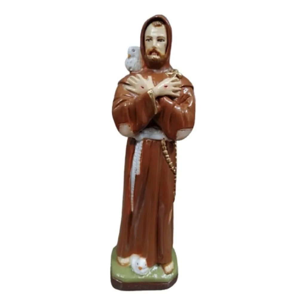 Imagem Sacra Religiosa Igreja Católica Devoção Santo São Francisco de Assis Padroeiro dos Animais Gesso Para Altar Missa