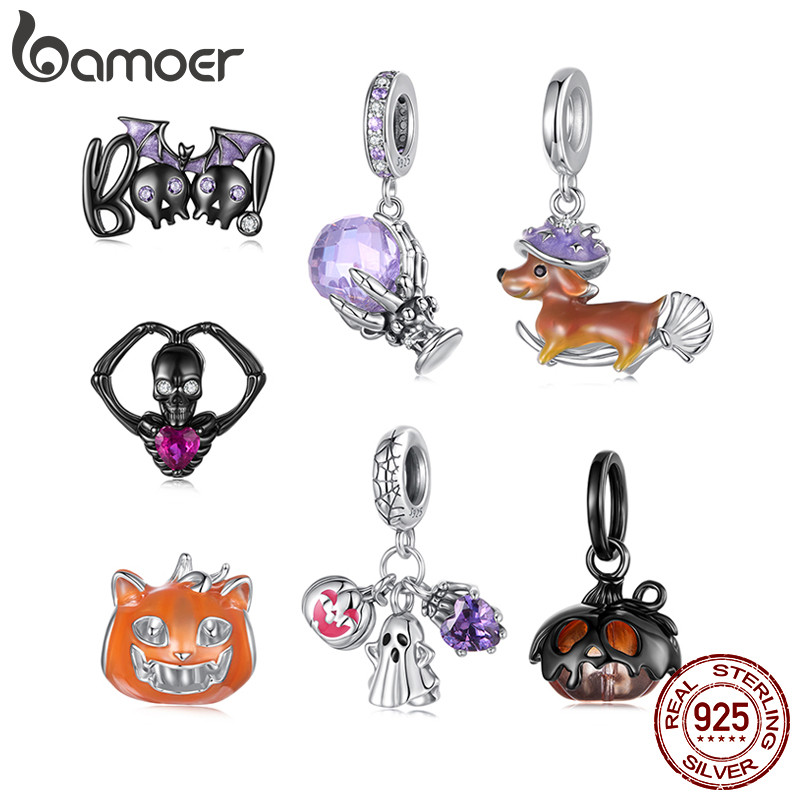 Bamoer Original 925 Prata Esterlina Pingente Halloween Crânio Abóbora Luminosa Gato Magia Dachshund Acessórios Série Pul