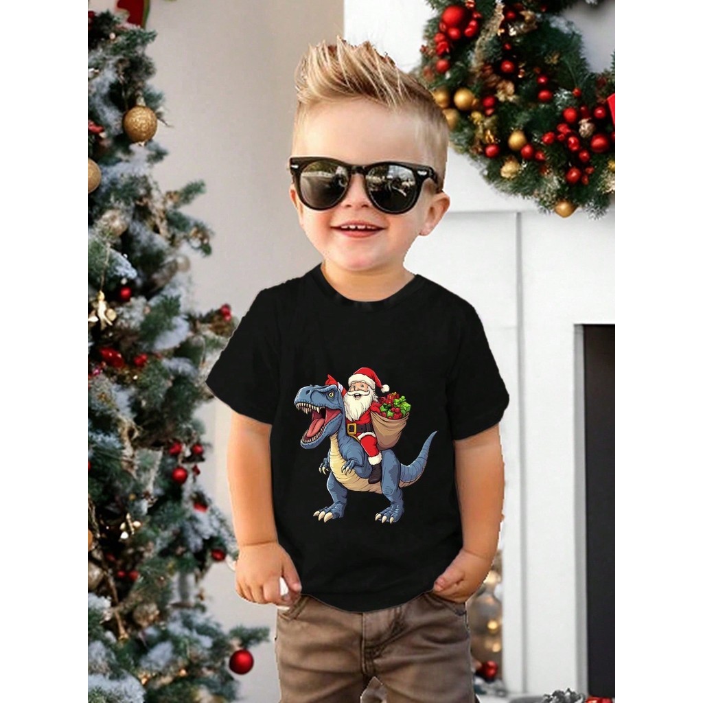 Camiseta de Manga Curta com Estampa de Dinossauro e Papai Noel para Menino Jovem
