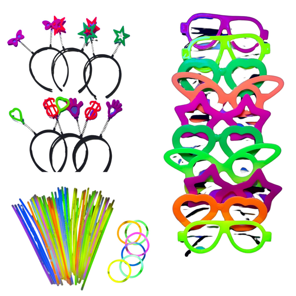 Kit Balada Neon Festa Casamento 200 peças 100 Pulseiras, 50 Óculos e 50 Tiaras - Aderecos Divertidos em Oferta na Shopee