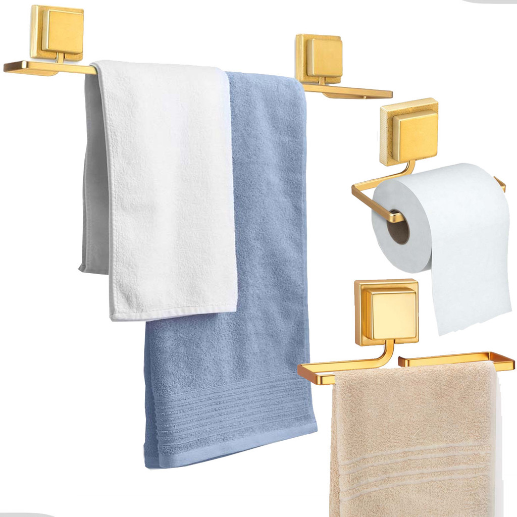 Kit Acessórios Banheiro Porta Toalha Rosto Banho Papeleira Sem Furo Dupla Face 3M Dourado Arthi em Oferta na Shopee