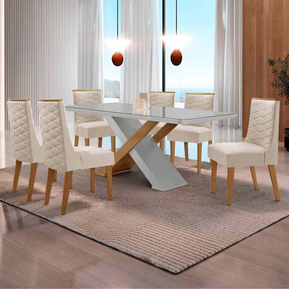 Mesa para Sala de Jantar Carol 180cm MDF Canto Copo com Vidro e 6 Cadeiras Safira em Oferta na Shopee