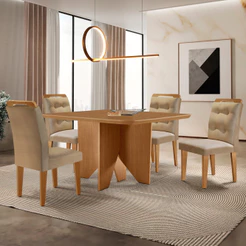 Mesa de Jantar Evora 90cm MDF Canto copo e com 4 Cadeiras Carol