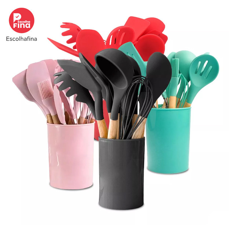 Kit 12 Utensílios de Cozinha Silicone Luxo Moda Conjunto de Cozinha Antiaderente Resistente ao Calor
