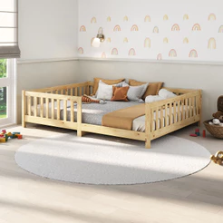 Cama Montessori Casal Infantil Grade Madeira Chão Natural Eva
