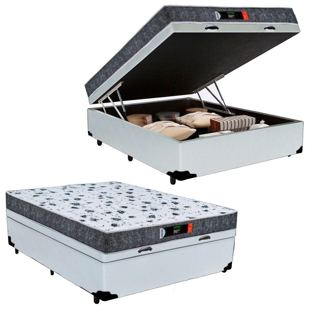 Cama Box Baú Casal + Colchão Ortopédico Resistente Pró D28 Colchões 138x188x60 Branco