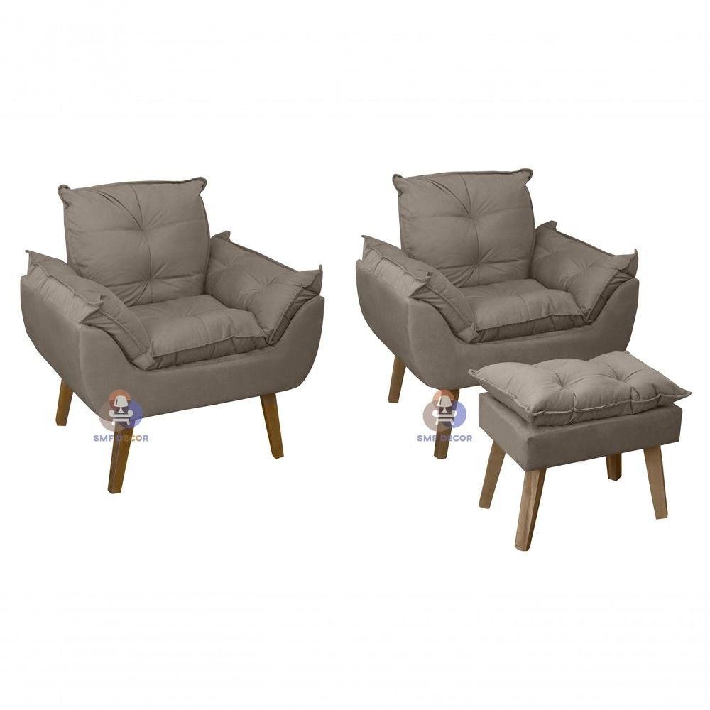 Kit 02 Poltrona-cadeira Decorativa E Puff Opala Capuccino Com Pés Quadrado - Home & Living