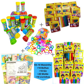 Kit 10 Cx Massinha de Modelar + 10 Bolha Sabão+ 10 Cx Giz Cera +20 Molde + 10 Livrinhos C…