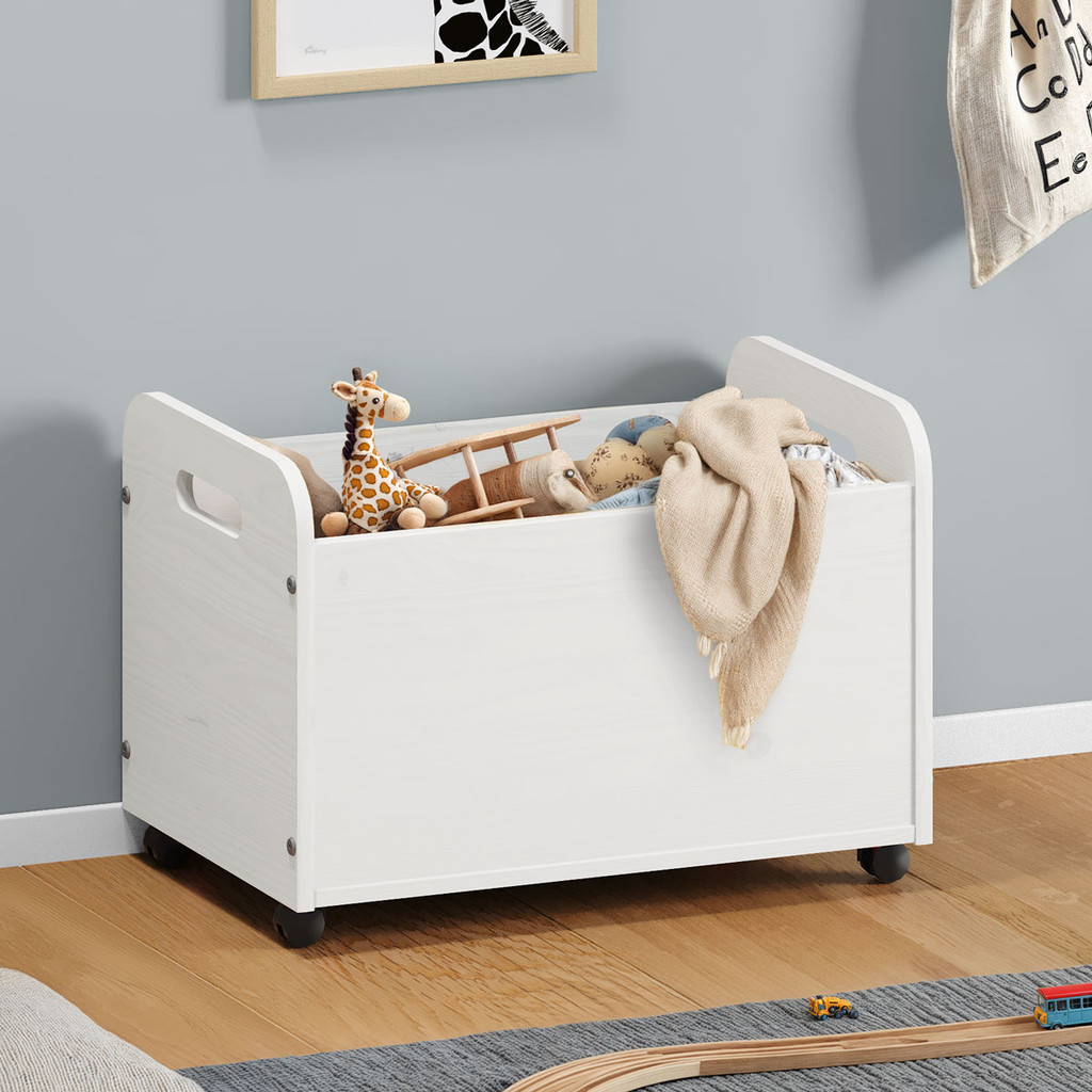 Baú Brinquedos Organizador Rodinhas Madeira Benjamin Branco - Home & Living