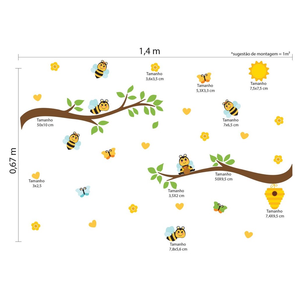 Adesivo de Parede Infantil Galhos Abelhas e Flores Quarto Bebê — imagem 2 de 2