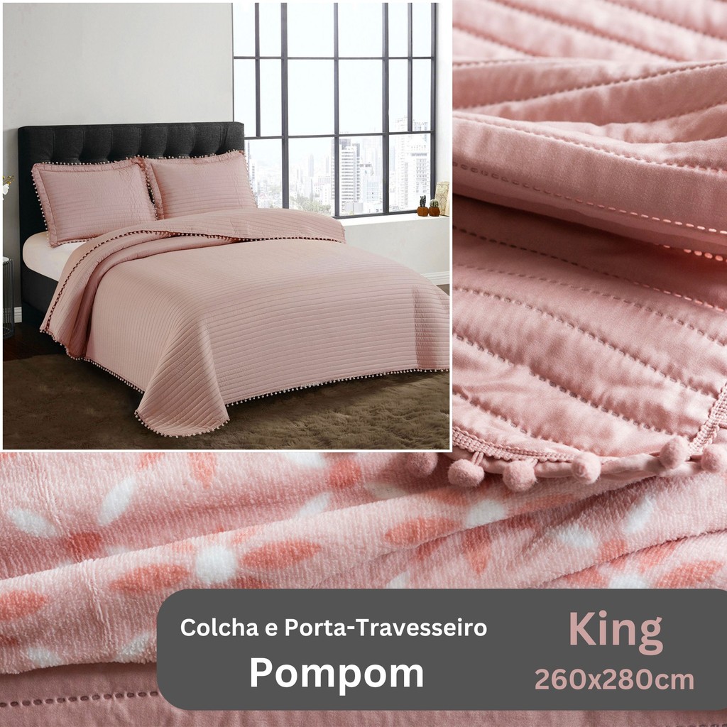 Colcha e porta travesseiro Pompom King 260x280cm Camesa em Oferta na Shopee