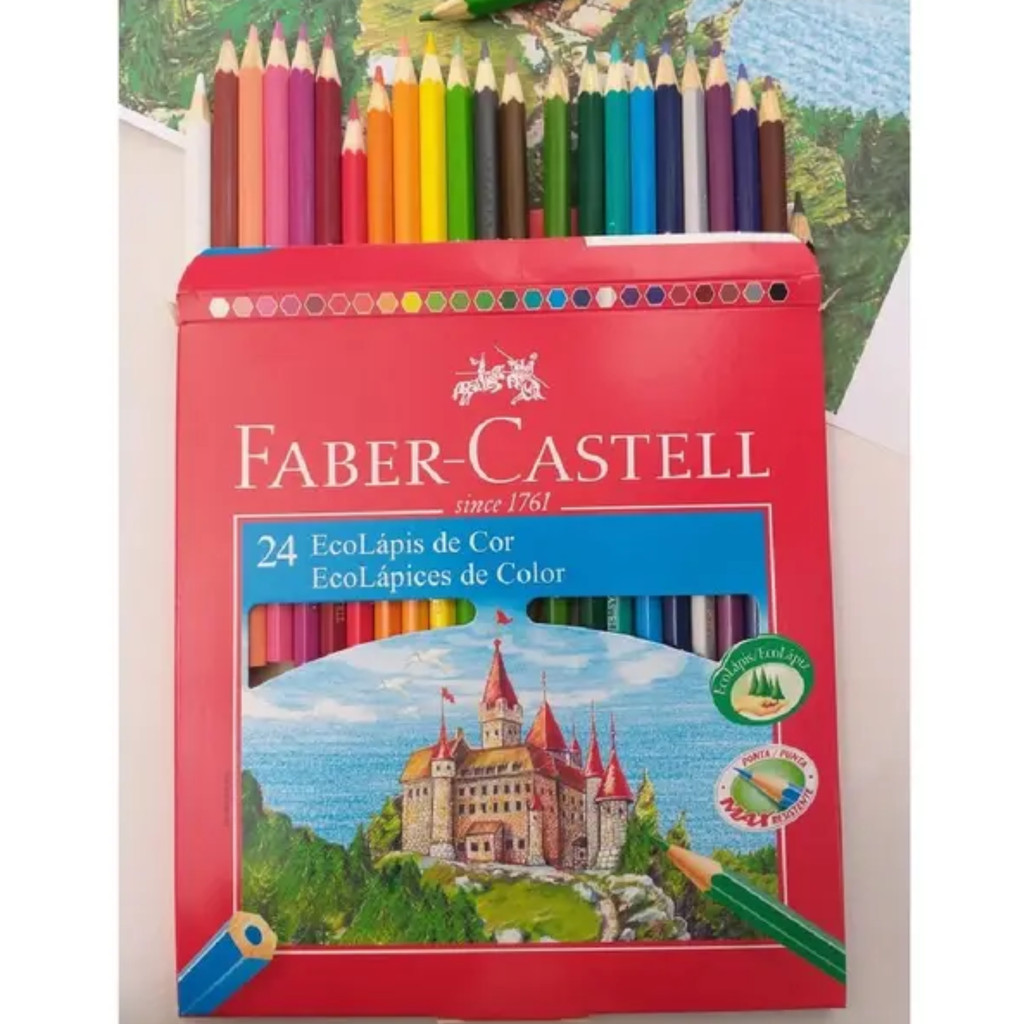 Detalhes do Lápis de Cor 24 Cores Vermelho Faber-Castell, Pacote com 6 estojos, Cores Vivas e Alta Qualidade