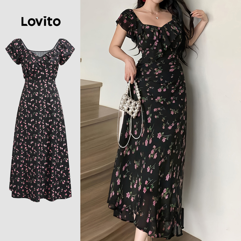Lovito Vestido elegante com babados florais Ditsy para mulheres L128ED052 em Oferta na Shopee