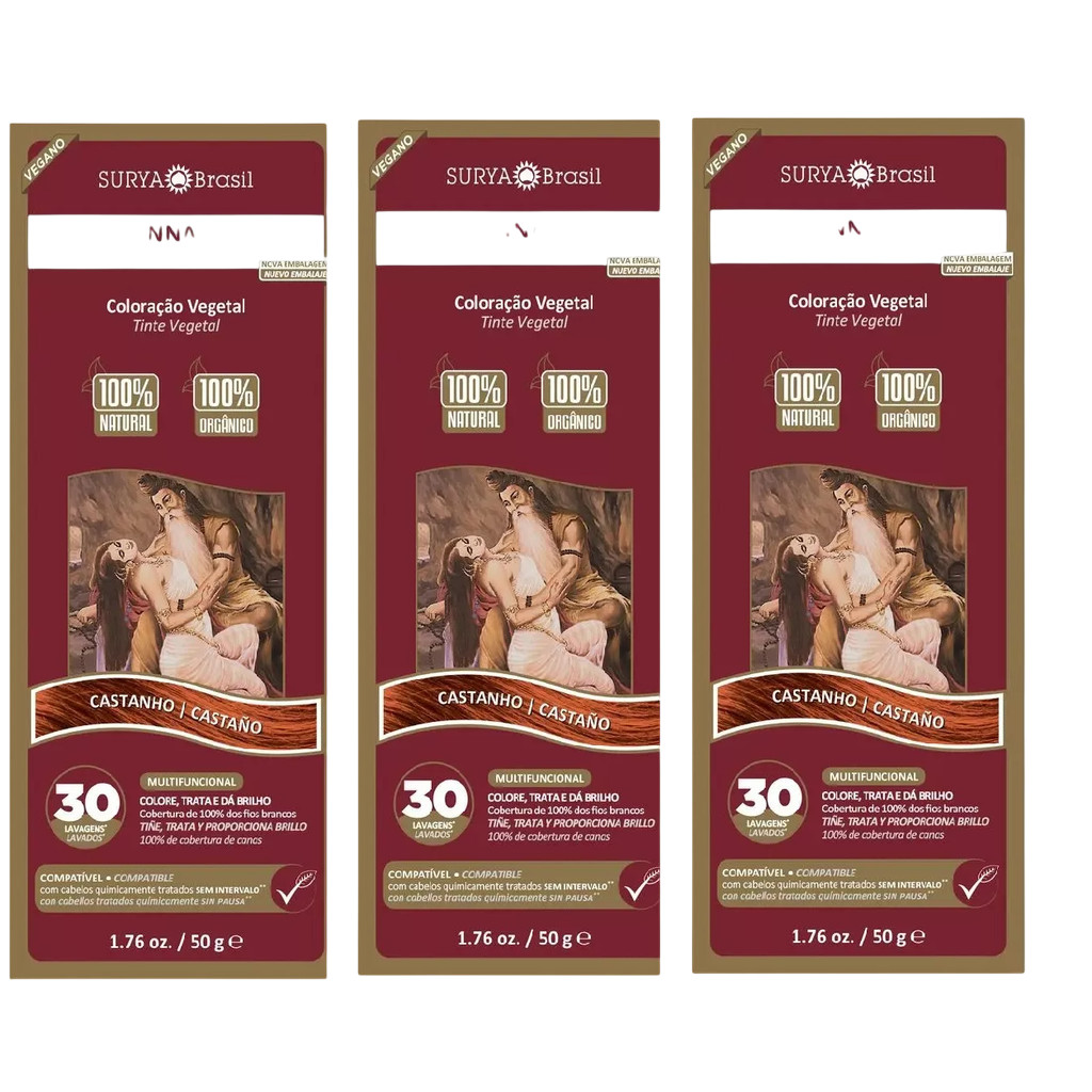 Kit 3x Henna Pó Surya Brasil Coloração Natural Castanho